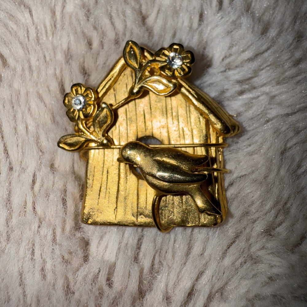 Vintage Birdhouse Brooch Pin Gold Tone Birdhouse Bird Flowers